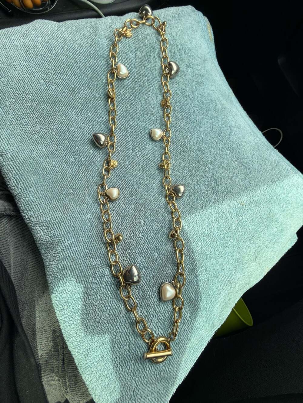 Givenchy Gold and Silver Tone Multi-Heart and Faux Pearl Charm Toggle Necklace